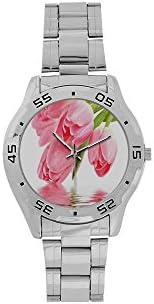 Custom Pink Tulips Flower Men's Stainless Steel Analog Watch