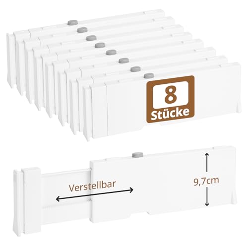 31cStSbfkfL 8 Stück 9,7Cm Hohe Schubladenteiler, 28-43Cm Schubladentrenner Verstellbar, Küchen Organizer Schublade, Warmweiße Schubladen Trenner Für Babykleidung, Eitelkeit, Kosmetik, Küche Und Büroaufbewahrung