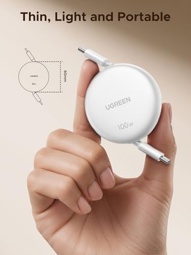 UGREEN Retractable USB C Cable(3FT/1M),100W USB-C 5A Fast Charging Cord, Type C Charger Cable for iPhone 16 Series, Samsung S25/S24/S23+, MacBook, iPad, Xiaomi, Ps5, Travel Partner, White