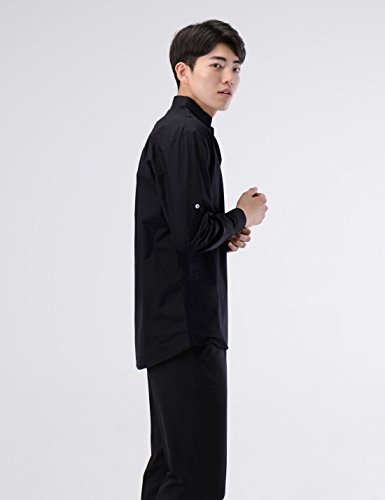 NEARKIN NKNKN382 Mens Classic Fit Roll-up Sleeve Mandarin Collar V Neck Casual Shirts Black US L(Tag Size L) - Thumbnail 6
