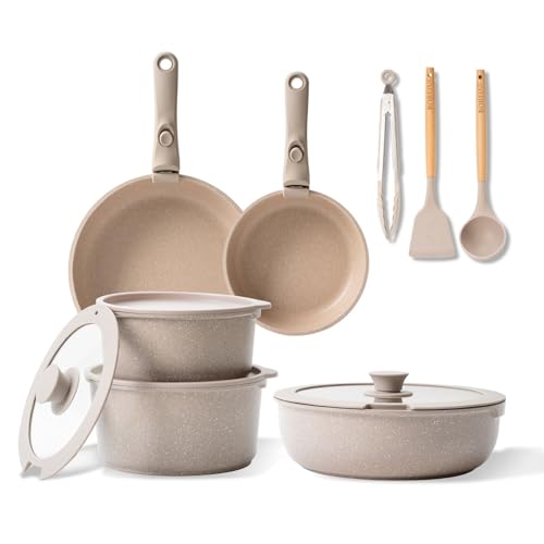 Batterie de Cuisine 14 Pce, Lot Casserole et Poele avec Poignee Amovible et Couvercle, Revêtement Antiadhésif en Granit sans PFOA, Compatible Tous Feux (Induction, Vitrocéramique, Gaz)