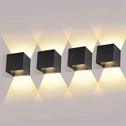 Sunsign lampara exterior pared, 12W lampara de pared, iluminación led modernos, Ángulo de haz ajustable hacia arriba y hacia abajo, IP65 impermeable, 4 pieza, negro(luz calida)