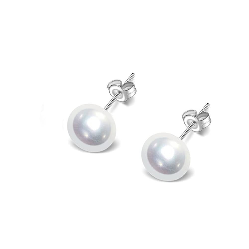 TreasureBay Women's Large Pearl Stud Earrings 8-9mm Freshwater Pearl Stud Earrings With 925 Silver (White)