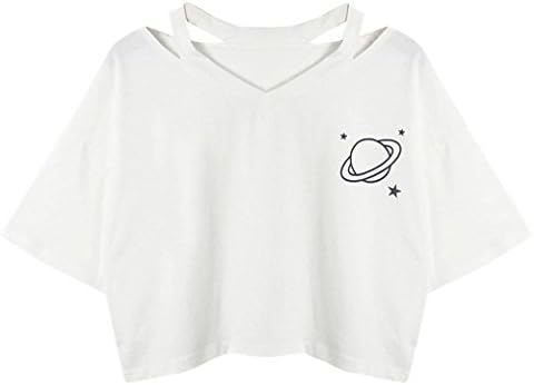 FDelinK Clearance! Women Teen Girls Short Sleeve Cute Planet Print Crop Top Summer Tee Shirt