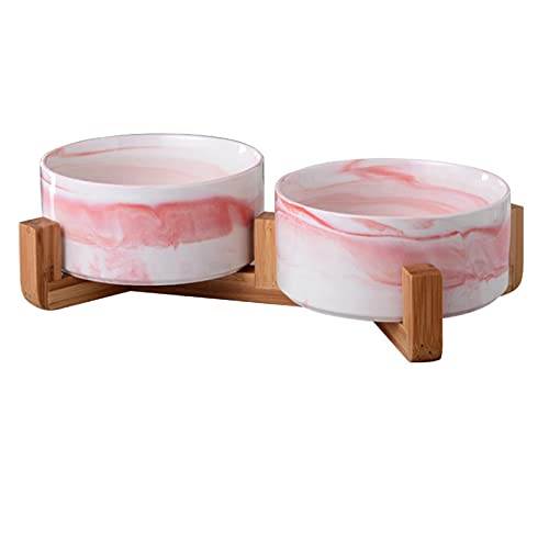 Bowls for Dogs and Cats Ceramic Bowls Raised with Bamboo Holders Ceramic Raised Bowls with Wooden Holders (DOUBLE 13.5 CM, PINK MARLE)