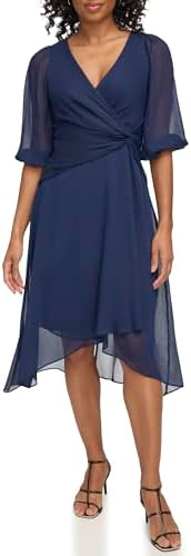 dkny women's knot sleeve fit and flare dress DKNY Women's Dresses FIT and Flare,Navy, 4 at Amazon Women's Clothing store