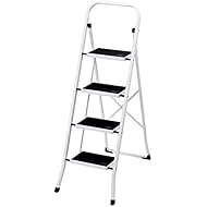 Delxo Folding 4 Step Ladder Ladder with Convenient Handgrip Anti-Slip Sturdy and Wide Pedal 330lbs Portable Steel Step Stool White and Black 4-Feet