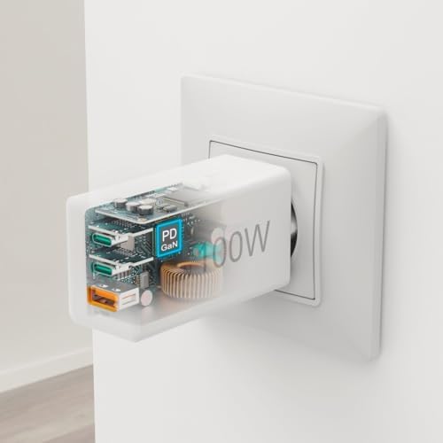 | Cargador rápido de Pared Universal. (Tecnología GAN 100w, 2X USB c Power Delivery, 1x USB a Quick Charge, Carga simultánea 3 Dispositivos) Blanco.