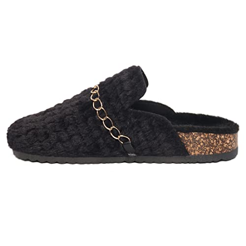 Women\'s chain plush slippers Artificial fur sandals Closed toe cork flat shoes Suitable for indoor and outdoor