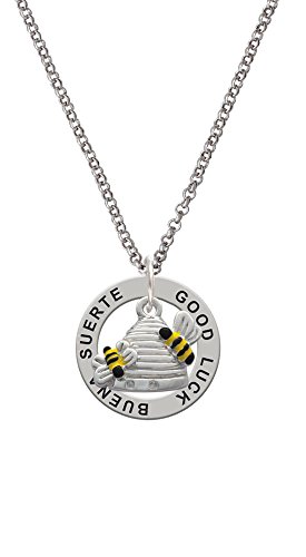 Beehive with 2 Bumble Bees - Good Luck Affirmation Ring Necklace