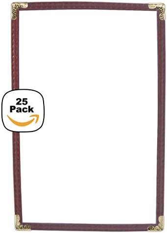 VAL-A814-BURGUNDY, 25 Menu Covers, Single Panel, 2 Views, Holds 8.5" x 14" Inserts, Burgundy Leatherette Trim, Gold Decorative Corners, 10 Gauge Crystal Clear Panels,Restaurant Quality