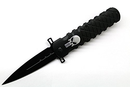 Snake Eye Tactical Fantasy Punisher Skull Handle Action Assist Knife Outdoor Camping (Black)