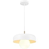 Globe Electric 60403 1-Light Pendant Light Fixture, Matte White, Brass Accents, Fabric Cord, Dining Room Fixture, Kitchen Isl