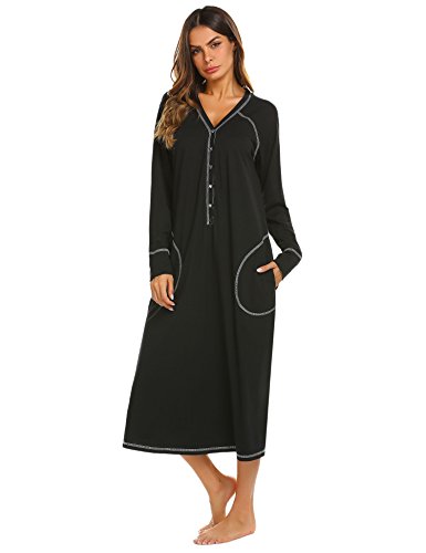 Ekouaer Women's Sleepwear Long Sleeve V-Neck Button Nightwear Black Small