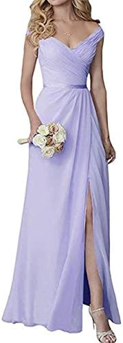 Off The Shoulder Bridesmaid Dresses Long V Neck Split Chiffon Prom Evening Gowns
