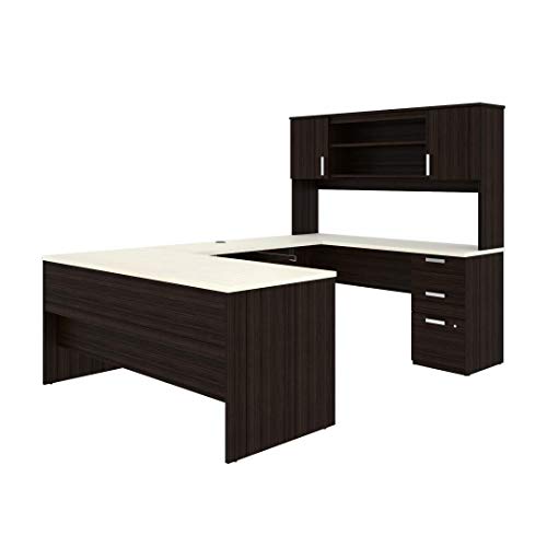 Bestar Ridgeley U-Shaped Executive Desk with Pedestal and Hutch, 65W, White Chocolate - Image 3