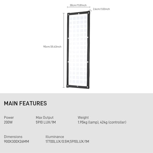 GVM Z200B Lumière vidéo LED Flexible Bicolore 200 W, 2700 K – 6800 K, Panneau Lumineux 12 × 36" avec boîte à lumière et Grille en nid d'abeille, contrôle par Application (Bluetooth), Design ZipTile