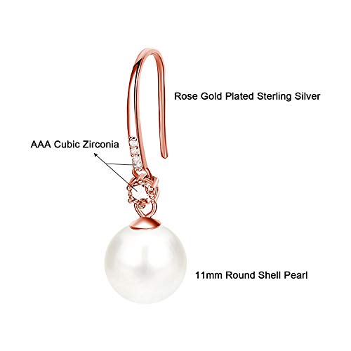 JORA Pearl Drop Earrings Rose Gold Plated Cubic Zirconia 11mm Simulated Pearl Dangle Earrings for Women Wedding Jewelry - Thumbnail 6