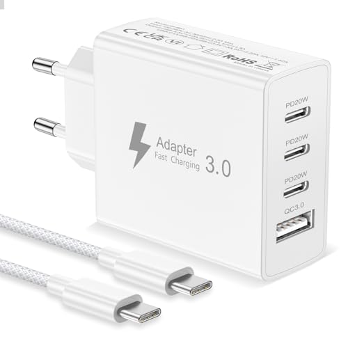 EU Travel Adapter Charger, 50W European Plug Adapter with 3 USB C and 1 USB A, Universal Travel Adapter European USB Charger Plug with Nylon 2M USB C Cable for iPhone 17 16 15 14 13/ iPad/Galaxy