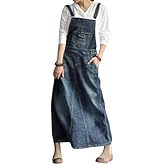 Ru Sweet Women's Vintage Adjustable Strap Denim Overall Dress Distressed A-Line Pinafore Bib Jean Maxi Dress with Pockets