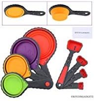 Set of 4 Collapsible Silicone Measuring Cups and 4 Measuring Spoons - Space Saving Design - Includes: 1/4 Tsp, 1/2 Tsp, 1 Tsp, 1 Tbsp, 1/4 cup, 1/3 cup, 1/2 cup, 1 cup - Easy to Clean/Dishwasher Safe