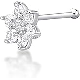 Lavari Jewelers 22 Gauge Straight Bone Flower Nose Stud for Women or Men - 14k White or Yellow Gold 4.5mm Cubic Zirconia Nose Ring - Unisex Hypoallergenic Nostril Piercing Jewelry - 22G Body Piercing