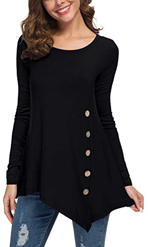 VIISHOW Womens Scoop Neck Solid Asymmetrical Pleated Button Trim Unique Casual Style Tunic Tops Blouse Black L