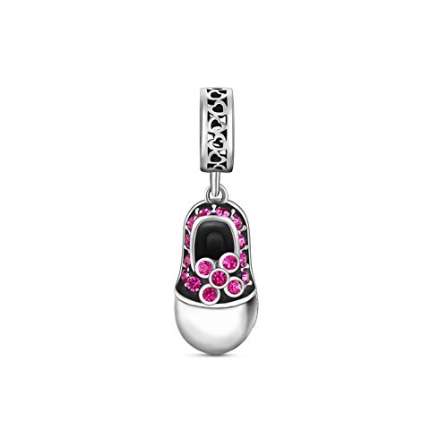 Tinysand Stiletto Silver Dangle Rose CZ Pave Baby Shoe Birthday Charm Pendants Fit All European Bracelets