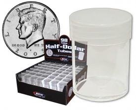 COIN STORAGE TUBES, round clear plastic w/ screw on tops for HALF DOLLARS (DISPLAY BOX of 98)