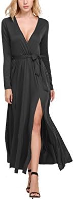 CerisiaAnn women's Deep V Neck High Front Slit Long Sleeve Dress (L, Black)