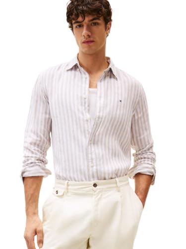 Tommy Hilfiger Men’s Linen Stripe Regular Long Sleeve Shirts, Sandalwood/Optic White Small