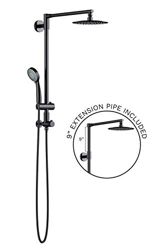 Polaris III Retrofit Rain Shower System, 3-Setting Handheld Shower Combo with Slide Bar, 8" Low Profile Shower Head for Low-Ceiling Bathrooms, 9-Inch Vertical Extension Pipe (Oil Rubbed Bronze)