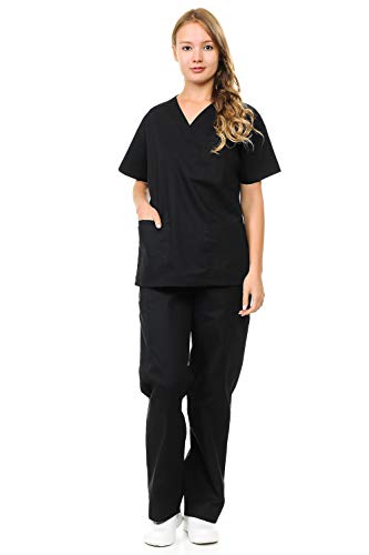 Womens and Mens Scrubs Set - Unisex Medical Uniform V Neck Short Sleeves Top and Drawstring Pants with Pockets 2XL Black