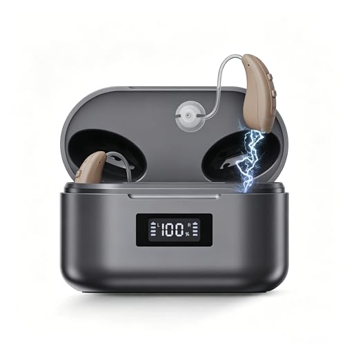 Hearing Aids for Seniors and Adults, JINGHAO BTE Rechargeable Hearing Aids with Intricon A6 Chip Digital Sound Processing & Noise Reduction, Auto On/Off, Volume Adjustable & Portable Charging Case – One Pair | Intricon A6 Chip
