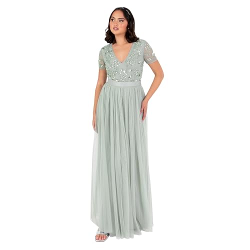 Maya Deluxe Women's Maxi Dress Ladies Floral Sequin Embellished V-Neck Short Sleeve Tulle Sash Tie Belt Empire A-Line Bridesmaid, Verde Salvia 34