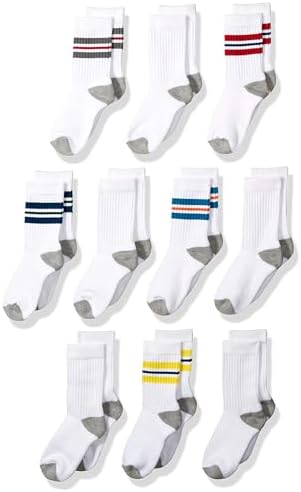 Amazon Essentials Boys' Cotton Cushioned Crew Sports Socks, 10 Pairs, White Stripes, 6-7 Years