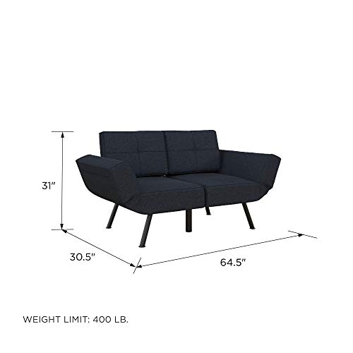 REALROOMS Euro Loveseat Futon, Couch, Adjustable Armrest Sleeper, Blue Linen - Thumbnail 2