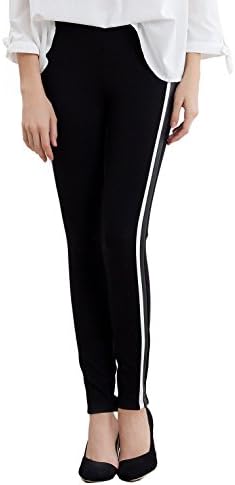 Women Slim Fit Casual Pants Contrast Color Faux Leather Stripe Leggings Black M