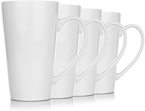 Hikari 18oz Large Tall White Coffee Funnel Mugs. Heavy Duty Mugs w/Large Handles Used for Tea or Other Drinks, Set of 4