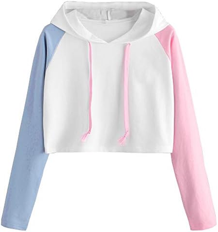 Leisuraly 2019 New Women's Long Sleeve Color Block Sweatshirt Soft Crop Top Hoodies Casual Drawstring Pullover