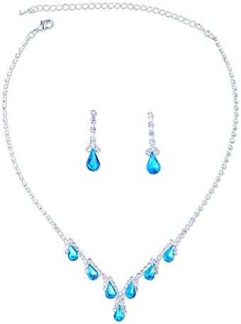 Topwholesalejewel Aqua Teardrop Rhinestones Necklace Dangle Earrings Jewelry Set
