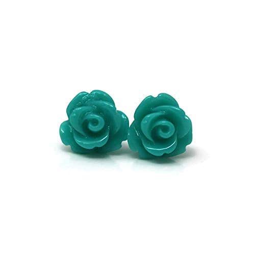 9mm Small Dark Teal Rose Studs, Hypoallergenic Plastic Post