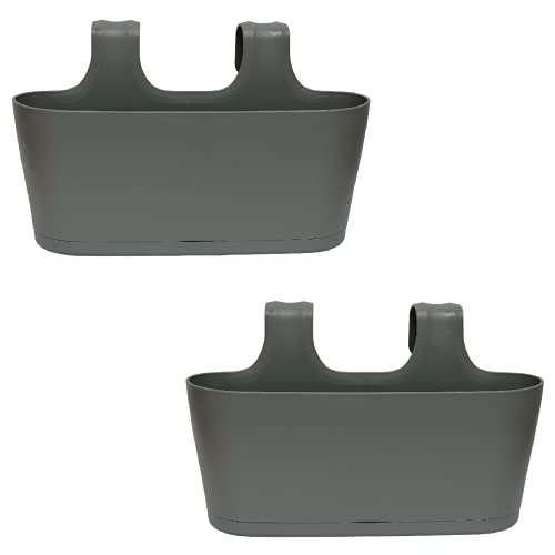 ENGELLAND 2 x Blumenkasten zum Auf-Hängen, Farbe: Anthrazit-Grau, Blumentopf, oval, Balkon, Übertopf, Pflanzkasten, mit Wasserspeicher/Wasserauffangschale