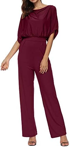 Uoohal Women Casual Dolman Batwing Sleeve Wide Legs Jumpsuits Boat Neck Romper with Pockets