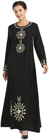 HEFYBA Women's Muslim Dress Embroidered Print Maxi Dress Elegant O-Neck Long Sleeve Vintage Ethnic Islamic Prayer Dress