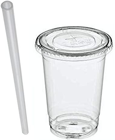 Delipak - Smoothie Juice Milkshake Cups Flat Slot Lids & Straws Plastic Cups 8oz 10oz 12oz 15oz 20oz (100, 8oz) (100, 10oz)