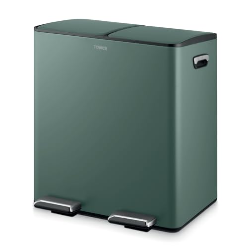T838022FOR - Cubo de basura con pedal de reciclaje con dos compartimentos de 20 L, cuerpo de acero al carbono, dos cubos interiores, 40 L, verde bosque