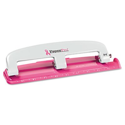 12-Sheet Capacity ProPunch Pink Ribbon Compact 3-Hole Punch, Rubber Base, Pink, Sold as 1 Each