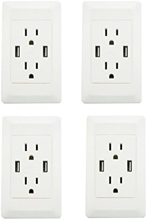 4PK YOPI 2A High Speed Dual USB Charger with 15A Wall Receptacle 2 Outlets Band Panel White ETL Listed