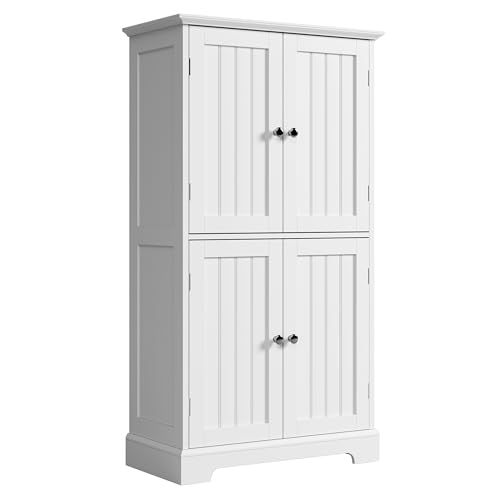 ChooChoo Bathroom Floor Cabinet, Modern Bathroom Storage Cabinet with 4 Doors and Adjustable Shelves, Freestanding Cupboard for Living Room, Kitchen Pantry, White